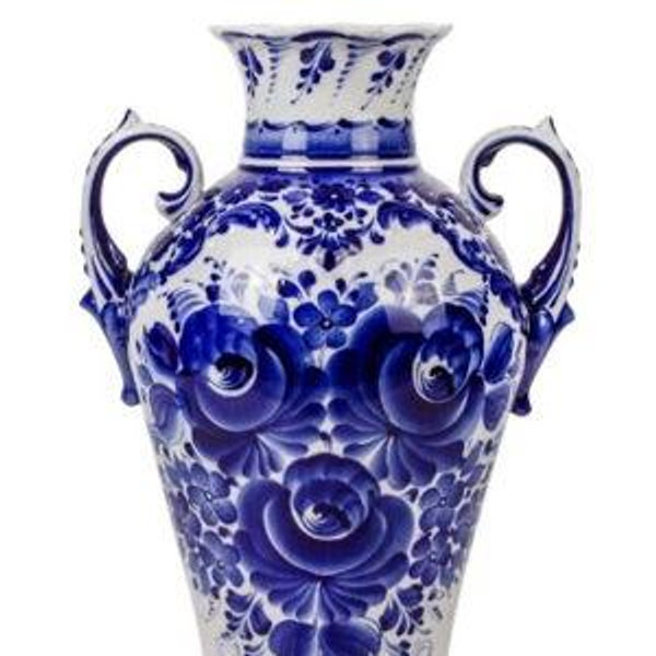 Gzhel Amphora Floral Vase Handmade Blue and White Porcelain
