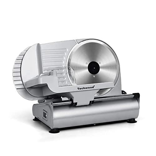 Meat Slicer, Techwood Electric Deil Food Slicer with Removable 9” Stainless Steel Blade, Deli Cheese Fruit Vegetable Bread Cutter with Adjustable Knob for Thickness, Food Carriage & Non-Slip Feet