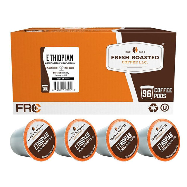 Fresh Roasted Coffee, Ethiopian Yirgacheffe Kochere, Medium Roast, 96 Pods for K Cup Brewers