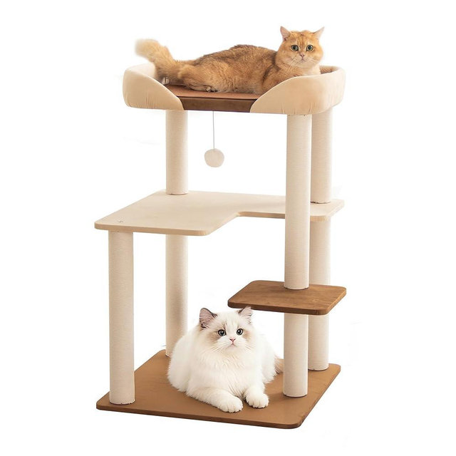 LULUCAT Modern Cat Tree for Large Cats, 37.5-Inch Tall Cat Tree Tower with Wide Shelves Low Step Cotton Scratching Posts, Super Sturdy Base, Cozy Perches, and Interactive Toys for Indoor (95cm White)