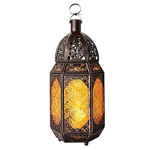 Lewondr Metal Glass Candle Lantern, Moroccan Style Portable Candle Holder Pavilion Shape Bowl Bottom Decorative Hanging Lamp Wind Lantern Décor for Home Patio Balcony Garden - Copper + Yellow
