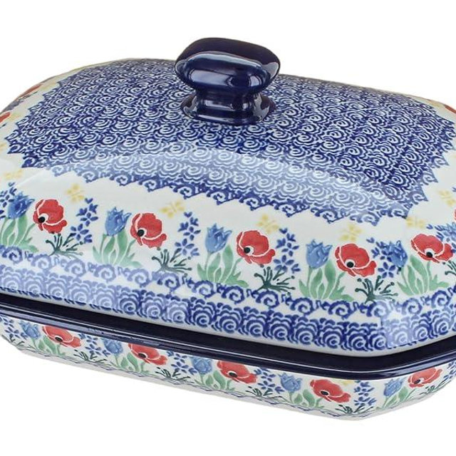 Blue Rose Polish Pottery - Blue Memory Garden Medium Covered Baker - 3 Cup Capcaity - Unique, Dishwasher Safe, & Durable Bakeware