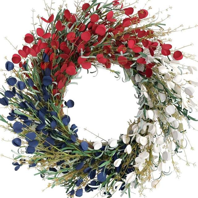 Bibelot 22 inches American Flag Floral Wreath Patriotic Decorations Wreath Red White Blue Artificial Floral Twig Wreath 4th of July Independence Day Memorial Day Flag Day Hanging Decoration