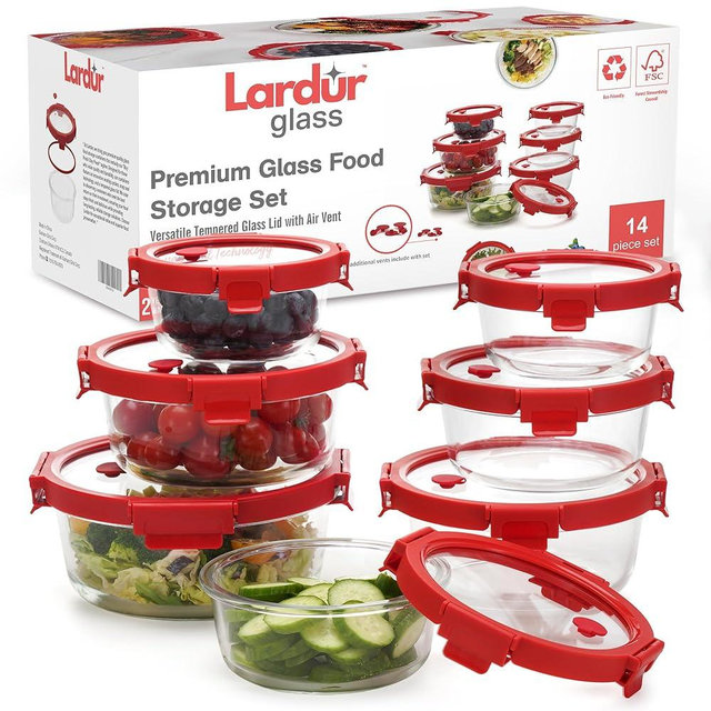Premium Glass Food Storage Containers with Vented Glass Lids Set of 7 - Different Sizes Round Borosilicate Meal Prep Containers in Gift Packaging - Microwave Oven, Dishwasher & Freezer Safe, BPA Free