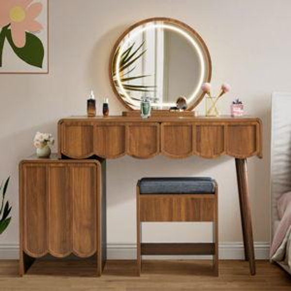 Makeup Vanity Set With Stool And Led Mirror - Walnut