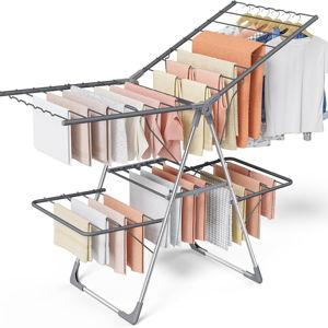 Clothes Drying Rack, Foldable 2-Level Laundry Drying Rack with Height-Adjustable Wings, for Clothing & Bedding, Free-Standing Space-Saving Rack, Indoor & Outdoor, 55.5" L × 22.8" W, Gray