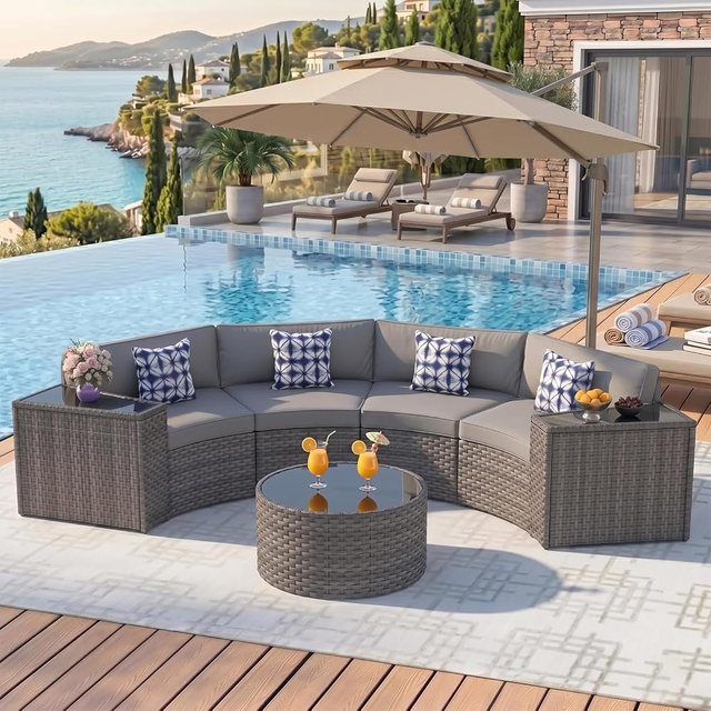 ABCASA Outdoor Patio Furniture Set with Coffee Table,7 Pieces Half-Moon Curved Outdoor Sectional Sofa and Side Table Waterproof Cover, Wicker Rattan Patio Coversation Set for Porch,Backyard(Grey)