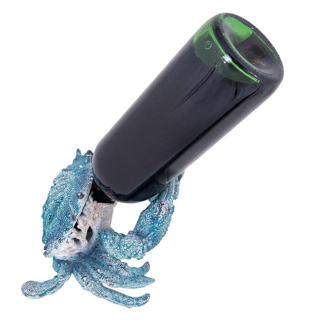 Corner Merchant Coral Reef Crab Wine Bottle Holder Countertop Bar Single Wine Holder Nautical Coastal Decor (Aqua)
