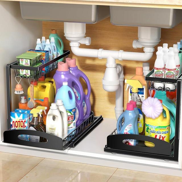 Fkprorjv Under Sink Organizer, 2 Pack L-Shaped Bathroom Kitchen Organizers and Storage, Pull Out Sink Cabinet Drawer Shelf Pantry Organizer and Storage, Black