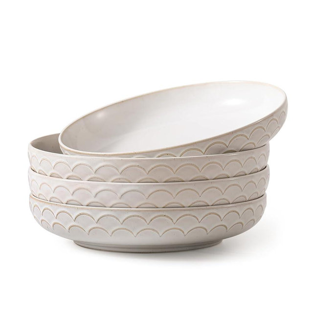 DOWAN Large Pasta Bowls Set of 4, 54 oz Embossment Salad Serving Bowls, Ceramic Plates, White Soup Bowl for Kitchen Meal Prep, Shallow Dishes Dinner Bowl Microwave Tableware