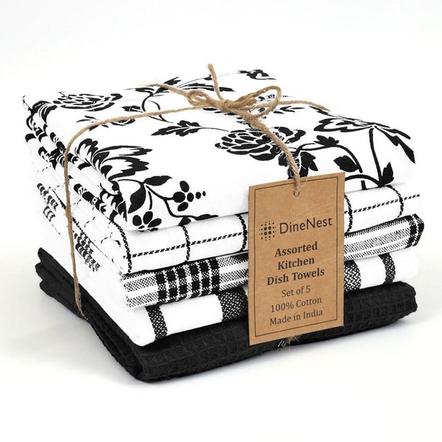 DineNest Assorted Kitchen Towels 100% Cotton 16x26 Inch - Super Absorbent, Soft & Quick Drying, Multi-Purpose for Drying & Cleaning, Ideal for Kitchen & Home Use, Set of 5 Low-Lint Dish Towels Black