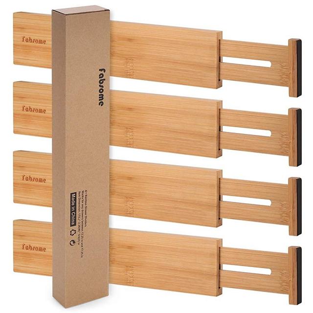 Drawer Dividers Pack of 4, Adjustable Bamboo Clothing Drawer Organizers Spring-loaded, Durable Expandable Organization Separators for Dresser, Kitchen, Bedroom, Bathroom, Office, 13.25-17 in