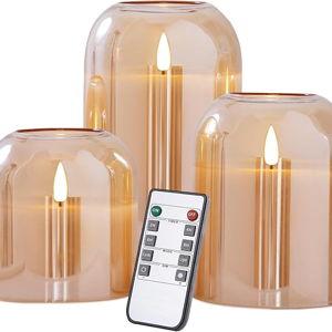 Gold Glass Flameless Candles with Remote Battery Operated Flickering LED Pillar Candles Real Wax 3D Wick Φ 4" H 4" 5" 6"
