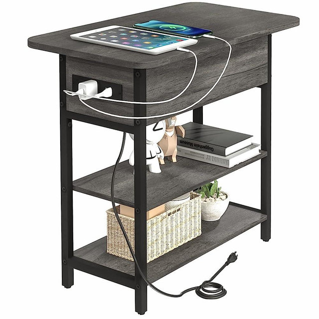Yoobure End Table with Charging Station, Flip Top Side Table with USB Ports and Outlets, Sofa Couch Table Bedside Table for Living Room Bedroom, Narrow Nightstand with Storage Shelves for Small Space