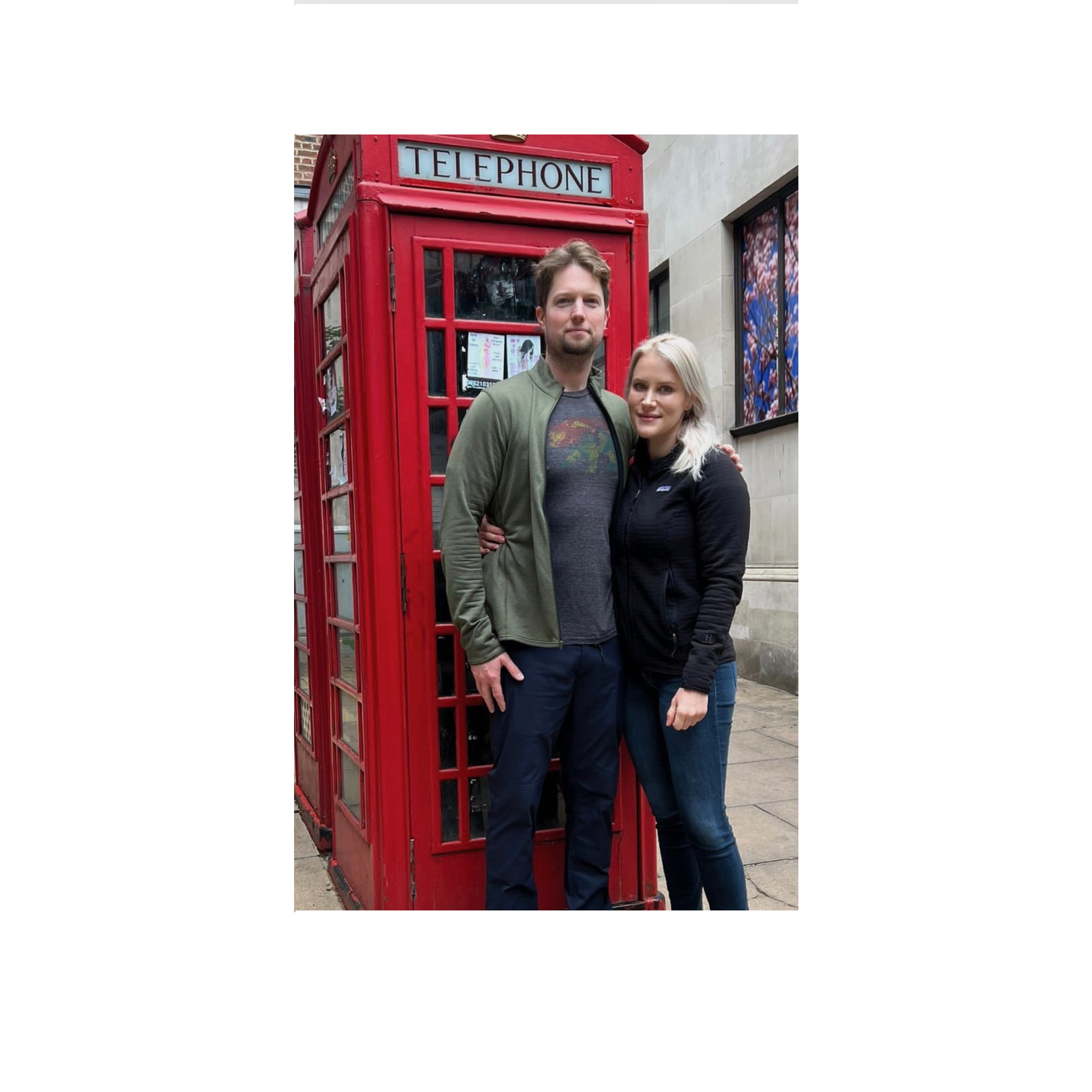June 2022 - London, England - Us in front of an English Telephone Booth.