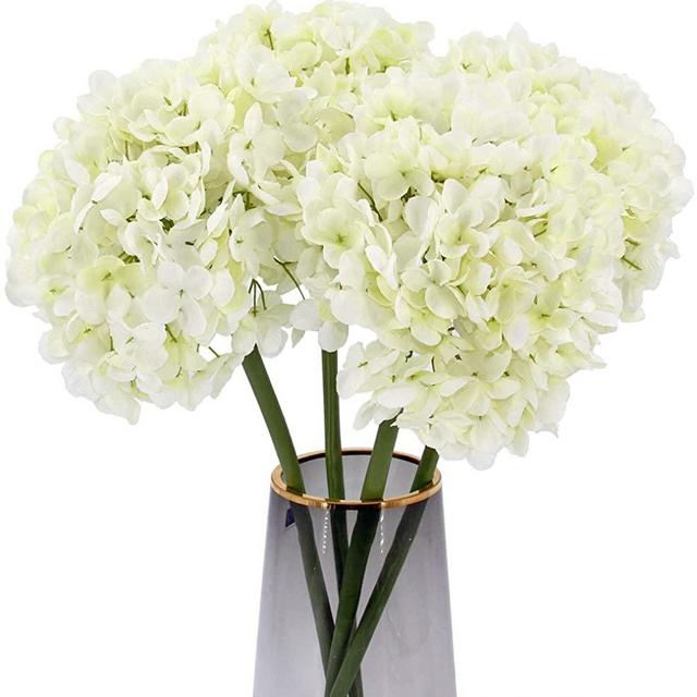 High Details Hydrangea Silk Flowers (225 Petals of Each Flower), Artificial Hydrangea Flowers, White Silk Hydrangea Flowers Pack of 4 (Cream White)