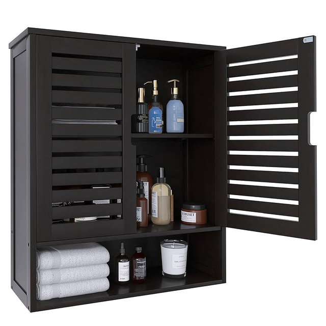 SMIBUY Bathroom Cabinet Wall Mounted, Bamboo Over-The-Toilet Storage Organizer, Space Saver Medicine Cabinet with 2 Door and Adjustable Shelves (Black)
