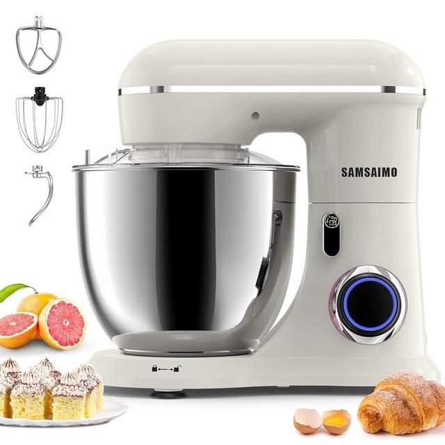 SAMSAIMO 3-IN-1 Electric Stand Mixer, 10-Speed With Pulse Button, Attachments include 5.8QT Bowl, Dough Hook, Beater, Whisk for Most Home Cooks, Almond Cream