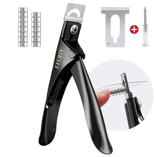 AIRSEE Professional Acrylic Nail Clipper with 15PCS Magnets Fake False Nails Tip Cutter Nail Trimmer for Artificial Nail Manicure Nail Art Tool Home DIY Use Black