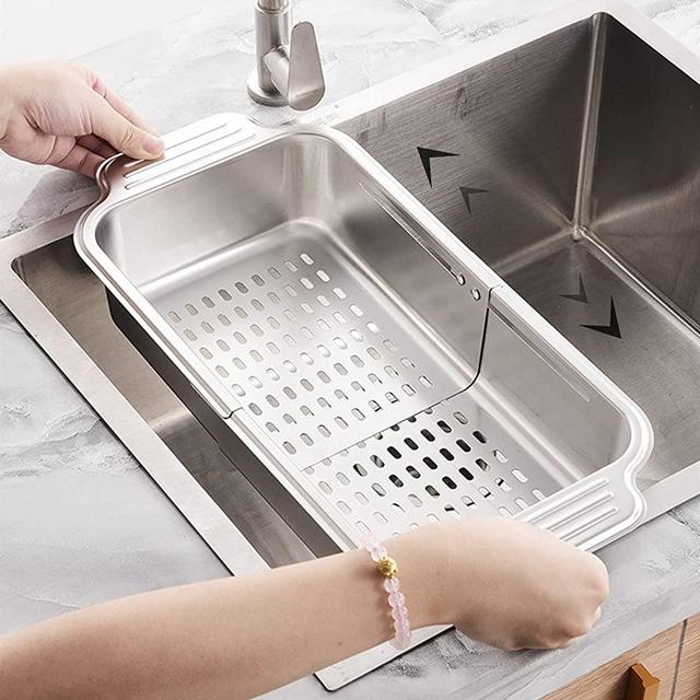 ZDRongZhen Kitchen Supply-Over the Sink Stainless Steel Retractable Kitchen Sink Basket -Wash Vegetables and Fruits, Drain Pasta and Dry Dishes ,Extendable (8.3 W x 13.2-17.5 L x 3 H）