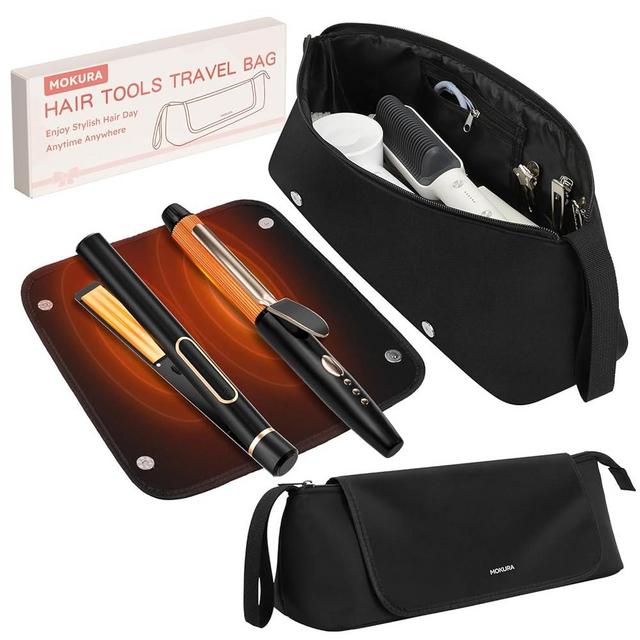 MOKURA Hot Hair Tools Travel Bag with Heat Resistant Mat Removable, Hair Accessories Organizer Case, Women Travel Essentials, Storage Pouch for Curling Iron Straightener Flat Iron Hair Dryer, Black