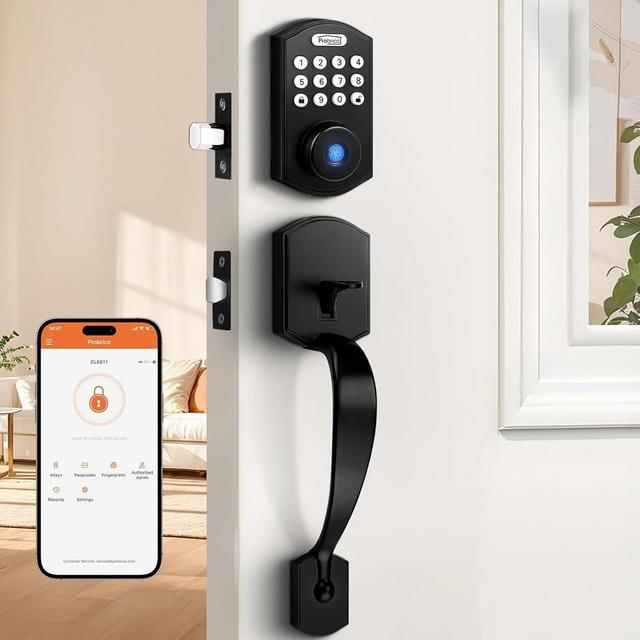 Probrico Smart Keyless Entry Door Lock Deadbolt,Front Door Handleset with Fingerprint Deadbolt, Electronic Digital Keypad Deadbolt Lock with Handle,App,Auto-Locking,Black