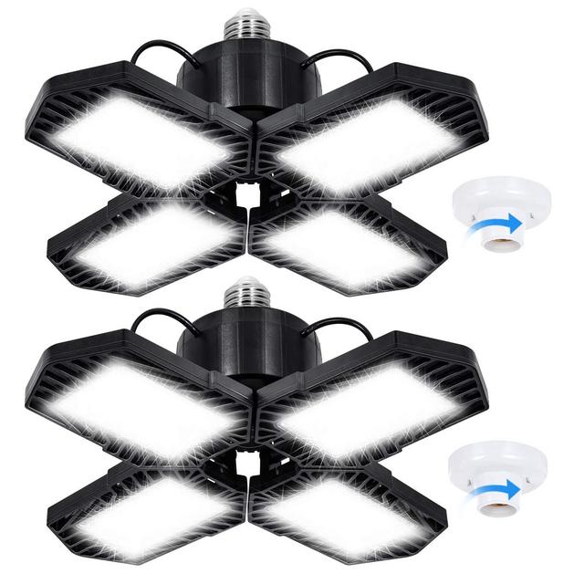 LED Garage Lights 2Pack, 12000LM Super Bright 120W Deformable Garage Ceiling Light with 4 Adjustable Panel, E26/E27 LED Shop Light, Ceiling Lighting Fixture for Garage, Basement, Barn, High Bay Light