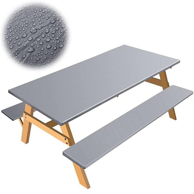 3 PCS Picnic Table and Bench Fitted Tablecloth Cover for 6 Ft Table 30 x 72 Inch Vinyl Fitted Elastic Edges Waterproof Wipeable Tablecloth for Indoor Outdoor Travel Picnics Patio Camping (Grey)