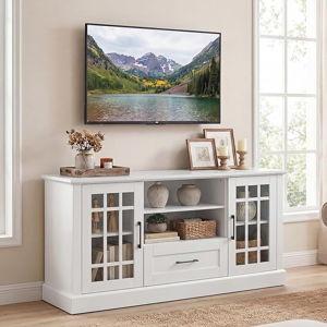 White Tangkula Farmhouse TV Stand for TV up to 65 70 Inches, Tall Media Console Table with 2 Glass Storage Cabinets, 1 Drawer & 2 Open Shelves, Wooden Entertainment Center for Living Room (White)