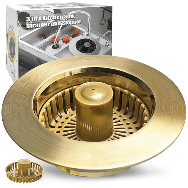 Anlige Kitchen Sink Drain Strainer, 3 in 1 Pop Up Kitchen Sink Stopper, with an Extra Basket Strainer, Universal for US Standard 3-1/2 Inch, Brushed Gold