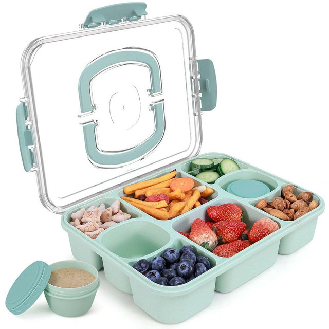 RicheMake Large Snackle Box Container with 2 Sauce Cups, 8-Compartment Divided Serving Tray with Lid & Handle, Portable Snack Tray for Travel Picnic, Leak-Proof, Dishwasher Safe, BPA-Free