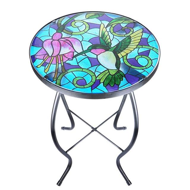 Mosaic Patio Side Table Outdoor Accent Table Bistro Coffee Table Plant End Table Small Porch Table Indoor Round Glass Balcony Hummingbird Plant Table Stands