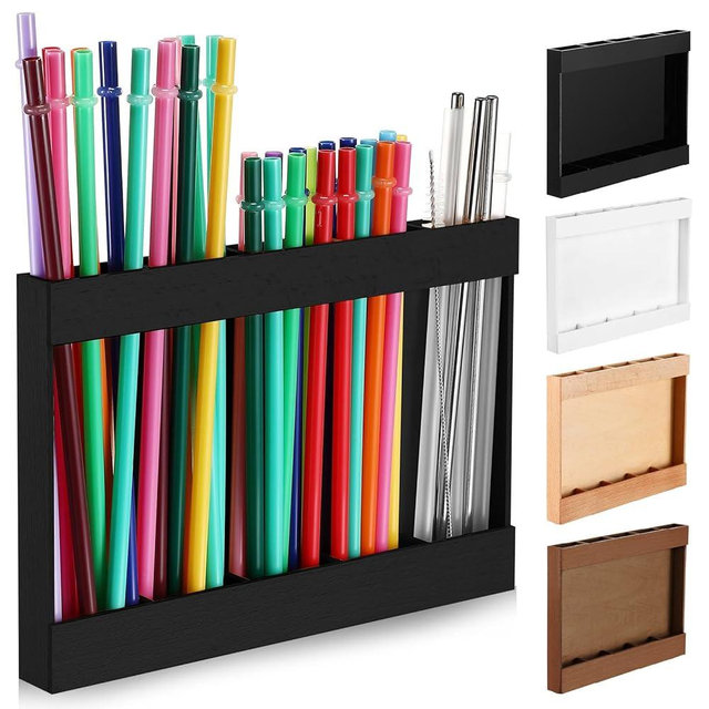 Qinyoung Wooden Straw Holder with Double Sided Adhesive Tape Tumbler Straw Organizer for Cupboard Reusable Tumbler Storage Container for Kitchen Counter(Black)