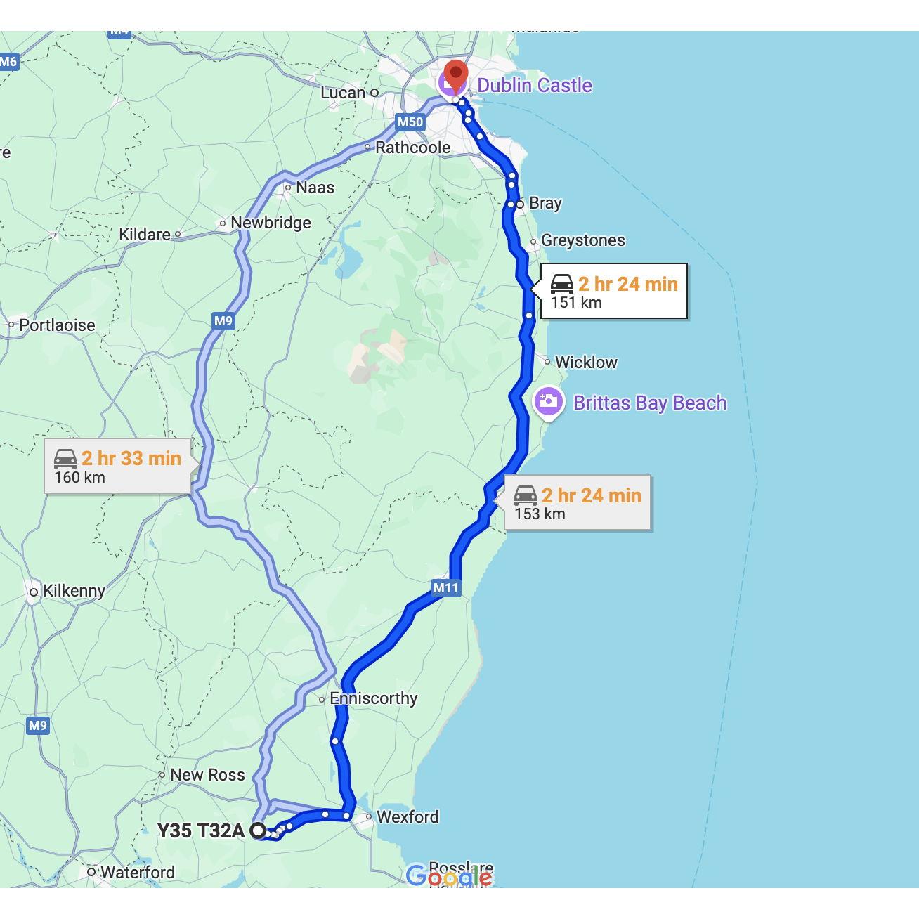The map shows a suggested route from Dublin taking roughly 2 hours!
