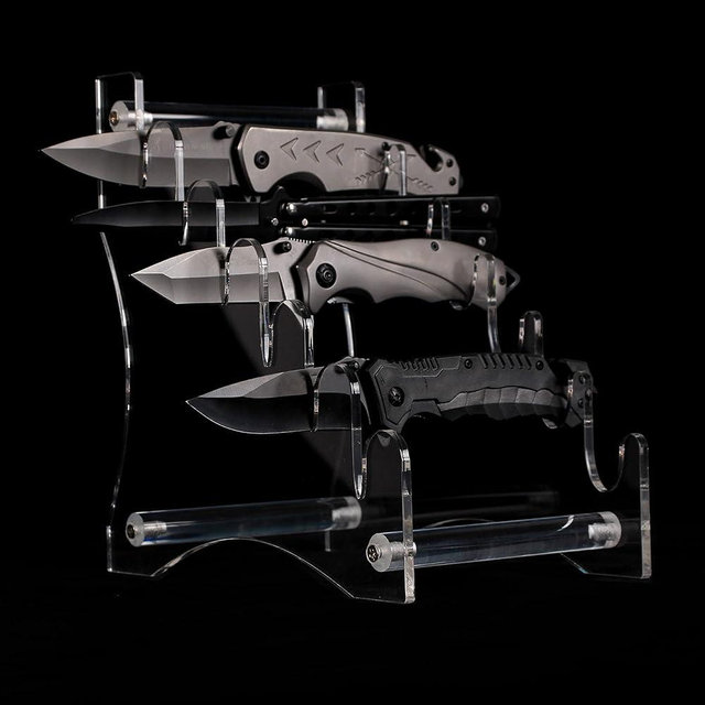 WANLIAN Knife Display Stand Holds 6 knives,Acrylic Tabletop Knife Holder for Show Collectibles (Transparent)