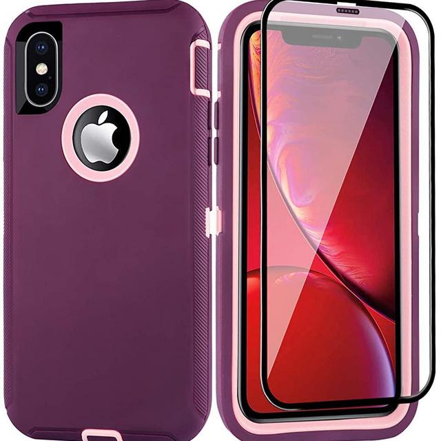 BMBZON iPhone X/Xs Case Full Body Protection Cover with Screen Protector, Heavy Duty Protective Phone Case Shockproof Rugged Military Grade 5.8 inch (Wine Red+Pink, No Belt Clip)