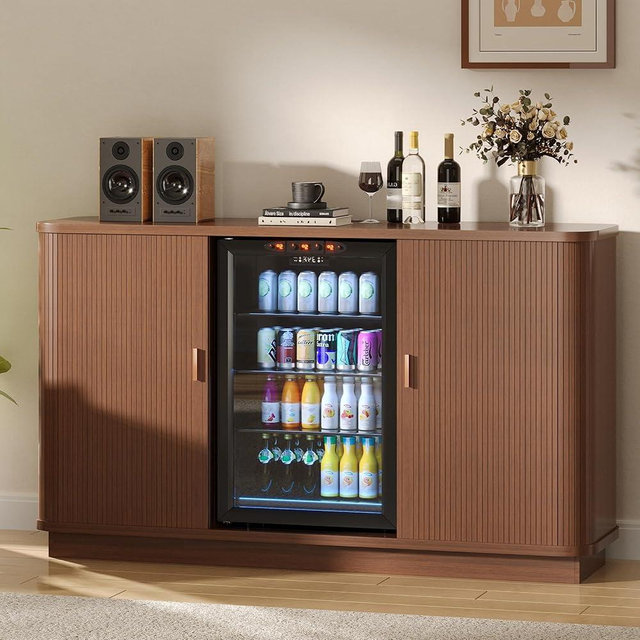 Smilets Coffee Bar Cabinet with Fridge Space, Wine Bar Cabinets with Wine Rack, Drawer and Glass Holder, Mini Fridge Cabinet with Storage, Beverage Fridge Cabinet for Living Room, Home, Kitchen