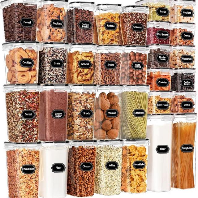 Skroam 32 PCS Airtight Food Storage Containers with Lids, Kitchen and Pantry Organizers and Storage, BPA Free, Plastic Food Storage Canisters for Flour, Sugar, and Cereal, Labels & Marker