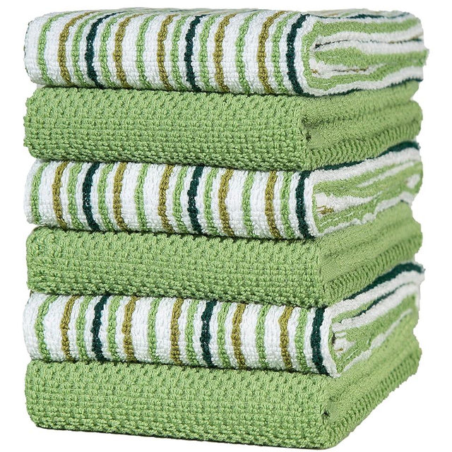 Kitchen Towels 16”x 26”- 6 Pack | Large Cotton Kitchen Hand Towels | Dish Towels | Popcorn Stripe Design | 400 GSM Highly Absorbent Tea Towels Set with Hanging Loop | Dish Towels for Kitchen | Sage