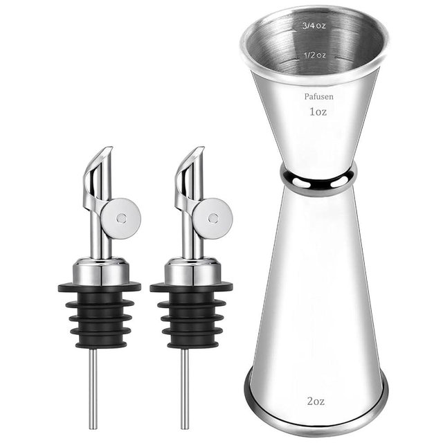 Pafusen Jigger with 2 Auto Flip Pourers, Jigger for Bartending with 5 Measurements Inside, Jigger 2 OZ 1 OZ, Shot Measure Jigger, Bar Bartender Tool Accessories(Silver, 1 Jigger+2 Auto Flip Pourers)