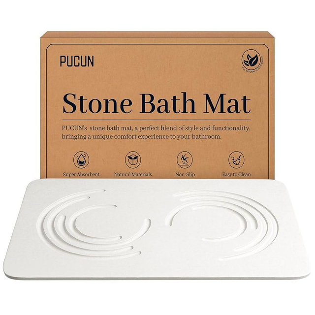 PUCUN Stone Bath Mat Diatomaceous Earth Shower Mat,Quick Drying Diatomite Bath Stone Mat for Bathroom Floor -Super Absorbent,Natural, Easy to Clean(White)