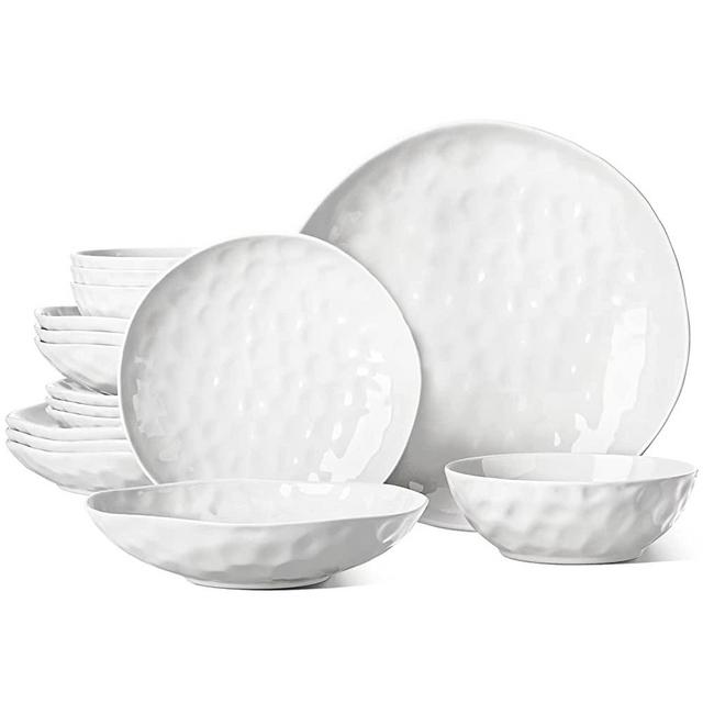 HOMBENE White Dinnerware Set 16 Piece Service for 4, Porcelain Dinnerware Sets, Plates and Bowls Sets for Dessert Salad and Pasta, Dishes Set w/Cereal Bowls