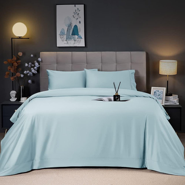 Shilucheng Cooling Breathable Bamboo Bed Sheets Set - Queen Size,1800 Thread Count Super Silky Soft with 16 Inch Deep Pocket, Machine Washable, 4 Piece (Queen,Spa Blue)