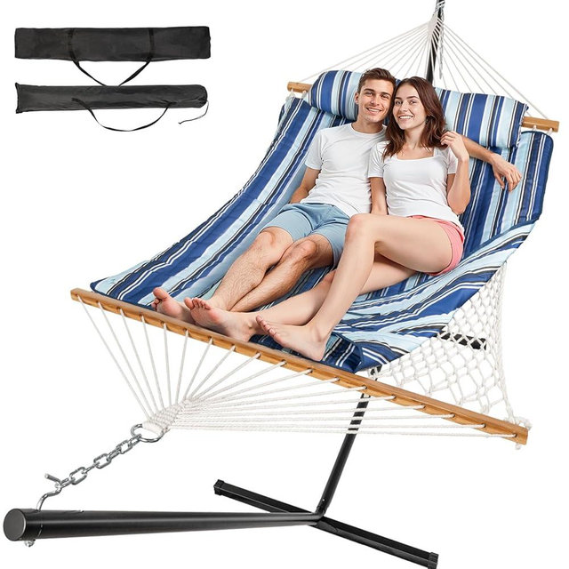Everyfun Double Hammock with Stand, 2 Person Cotton Rope Hammock with Removable Polyester Pad, 500LBS Capacity, Portable & Adjustable Design, Includes Storage Bag, Indoor Outdoor Use,Blue