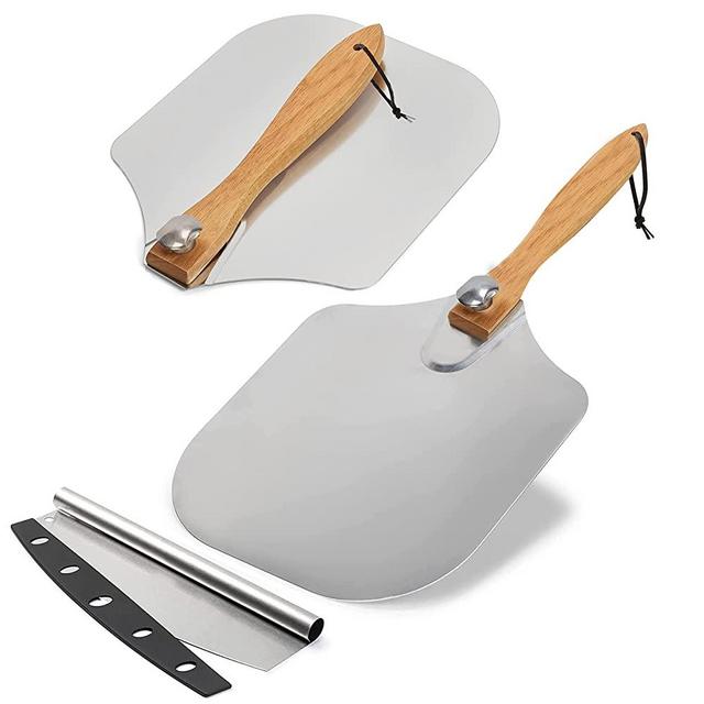 Ludami Premium Aluminum Pizza Peel - Pizza Spatula with Foldable Wooden Handle - Lightweight Pizza Paddle with Rocker Cutter for Pie, Pastry and Dough