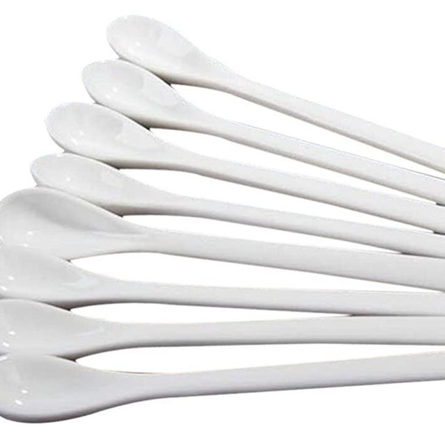 Set of 4 White Long Handle Ceramic Spoons for Tea Coffee Ice Cream Cutlery Mixer