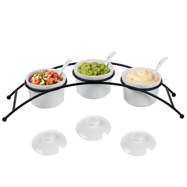 MyGift 10 Piece Condiment Pot Serving Set Includes Modern Matte Black Metal Wire Server Tray with Arch Design and 3 Ceramic Ramekin Bowls with Lids and Spoons