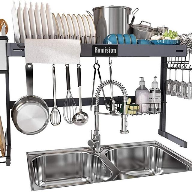 Over The Sink Dish Drying Rack Stainless Steel Large Height & Length Adjustable, Romision Expandable Dish Drainer Shelf Above Sink for Kitchen Organization Storage (Grey, 31≤ Sink Size ≤ 35.2 inch)