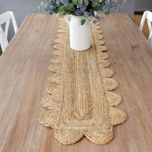 Natural Jute Runner with Decorative Unique Scalloped Design Braided Table Runner Farmhouse Style Eco-Friendly Home Decor Handwoven (Scalloped Natural14 x60)