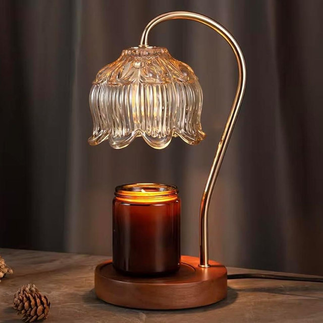 Lotus Flower Candle Warmer Lamp with Timer, Dimmable Glass Shade, Wood Base, Decorative Candle Melting Light